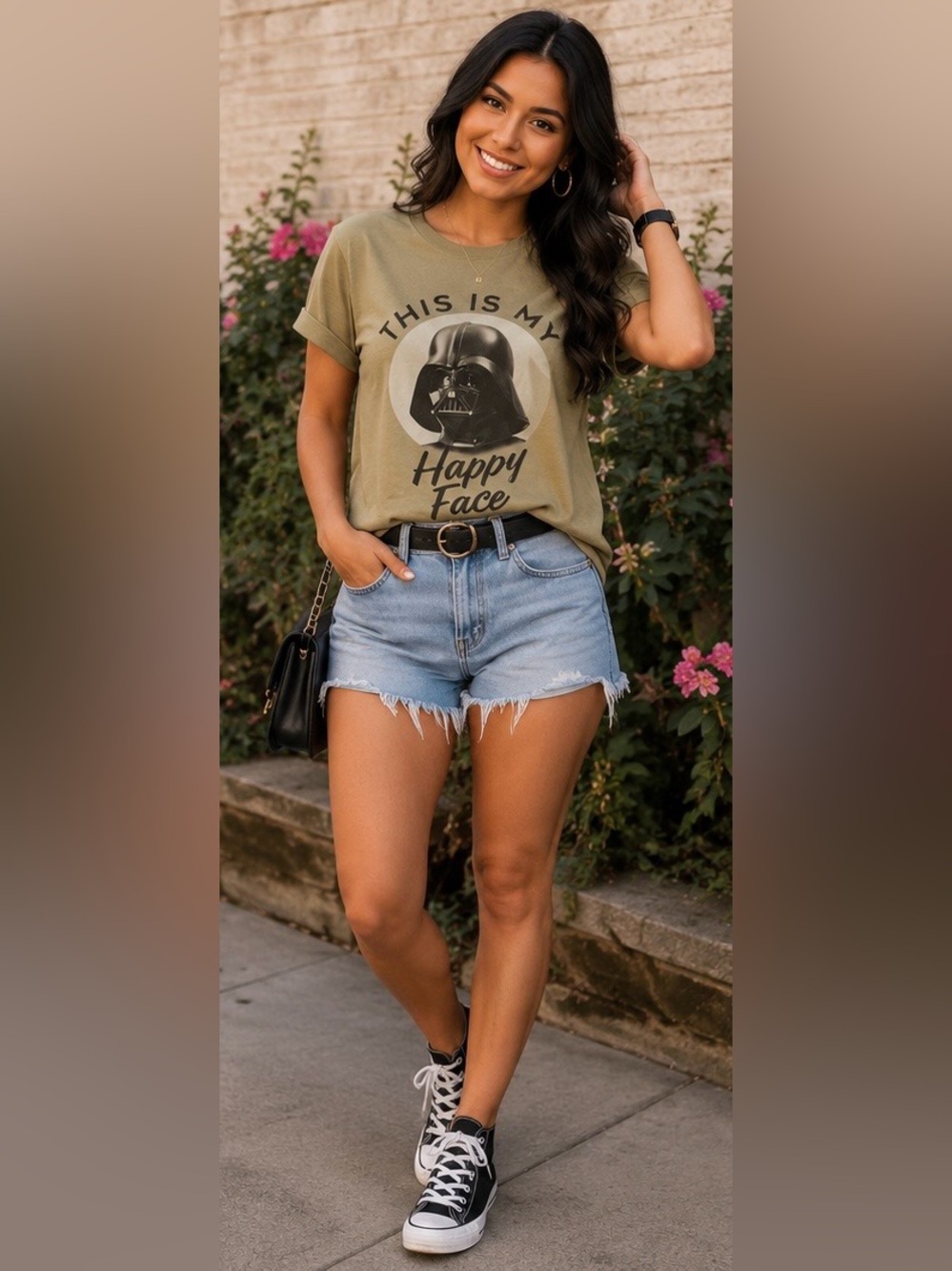Star Wars Darth Vader “This Is My Happy Face” Graphic Tee Army Green Women’s
